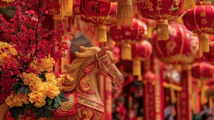 Obraz premium Festive Decorations with Lanterns and Ornate Horse Sculpture Display