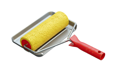 Yellow Paint Roller with Red Handle and Metal Tray