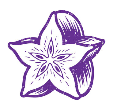 Purple starfruit illustration with white center and lines  fruit with five pointed star shape