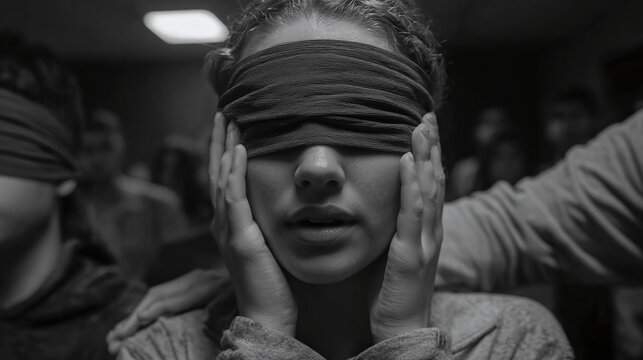 A woman is blindfolded and experiencing something that is unknown. She is in a room with other people who are also blindfolded. This creates an atmosphere of suspense and mystery