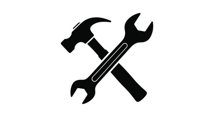 A striking black silhouette depiction of a hammer and wrench crossed representing tools and repair silhouette © nhpvect02