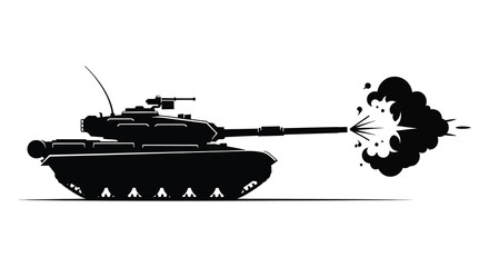 A dramatic black silhouette of a tank firing its cannon with a powerful explosion © nhpvect02
