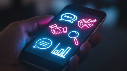 Hand holding smartphone with glowing neon icons for business and communication strategy.