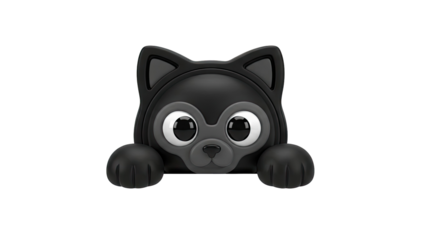 Black cartoon cat with big eyes peeking over a surface