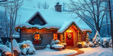 Cozy snow-dusted cottage, twinkling lights, festive garland,  chimney,  season