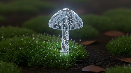 A glowing bioluminescent mushroom with digital circuit patterns, growing in a lush mossy forest. A perfect blend of nature and high-tech futuristic cyber aesthetics.