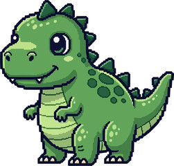 Obraz premium A charming pixel art illustration of a cute green dinosaur with a friendly smile and big eyes, standing on a white background.