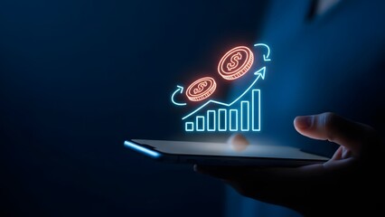 Person holding smartphone with glowing financial graph and coins symbolizing investment