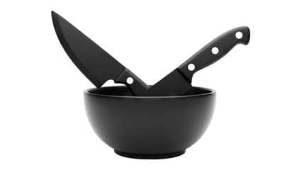 Two black knives in a black bowl