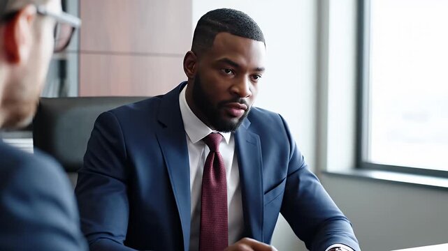 Assertive Business Meeting - A well-dressed African-American businessman in a suit gestures emphatically during a meeting with colleagues in a modern office setting.