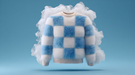Thick fluffy knit sweater with blue and white checkerboard pattern and smoke aura 