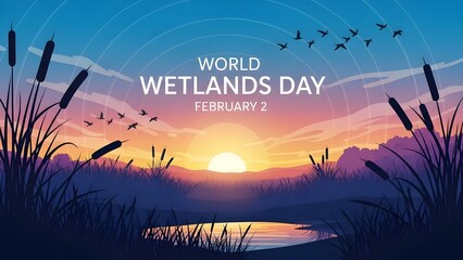 A serene wetland landscape at sunset on World Wetlands Day