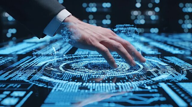 Interactive Digital Interface - A hand interacts with a complex digital interface displaying glowing blue data visualizations and graphical elements.