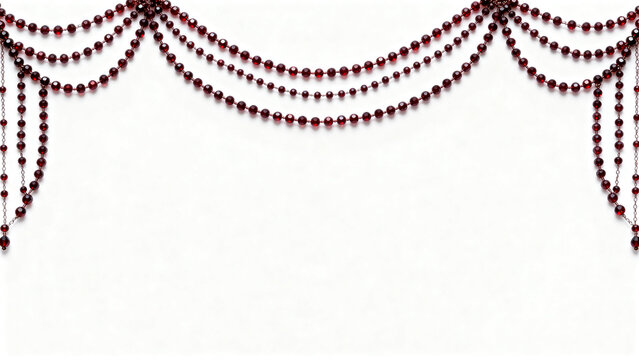Red beaded curtain draped in an elegant arch against a white background