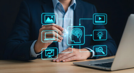 businessman using stylus to interact with artificial intelligence neural network interface showing machine learning process for content creation data analysis and automation