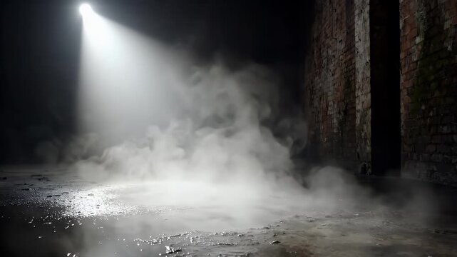 Spotlit Fog in Abandoned Space - A single bright spotlight shines into a dark abandoned space, illuminating a thick layer of fog near a damp stone floor.