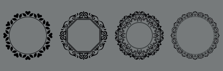 Set of decorative frames Elegant vector element for design in Eastern style, place for text. Floral black and gray borders. Lace illustration for invitations and greeting cards