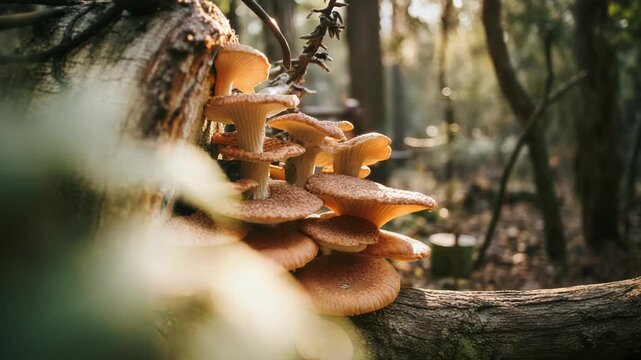 Cluster of Wild Mushrooms Growing on Tree Trunk