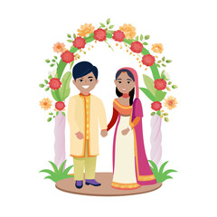 A beautifully illustrated Indian couple stands together, adorned in traditional wedding attire, under a floral arch.
