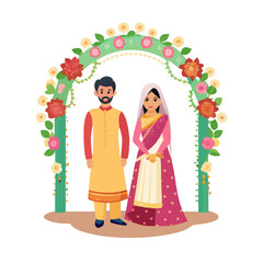 A beautifully illustrated Indian couple stands together, adorned in traditional wedding attire, under a floral arch.
