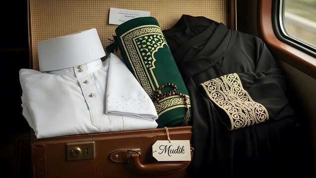 Suitcase packed with Islamic essentials for Mudik travel, featuring prayer mat, traditional clothing, and prayer beads on a train journey.