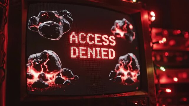 "Access Denied" on retro CRT monitor with glowing lava rocks, cybersecurity error message.