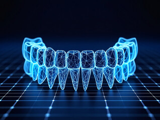 Dental Technology Blue wireframe teeth on digital grid background image