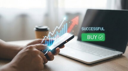 Person analyzing successful business growth on smartphone with laptop in modern workspace