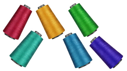 vibrant spools of sewing thread in a variety of colors, including red, orange, teal, blue, and purple, arranged in a dynamic pattern on a transparent background, perfect for craft and design projects.