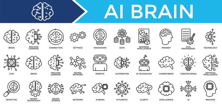 Ai Brain icon set collection. Containing organ, mind, think, intelligence, touch, brain, knowledge .Line vector icons collection
