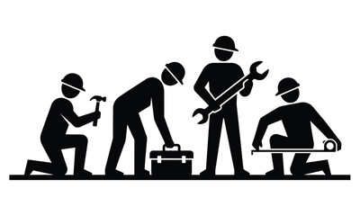 Construction workers with tools silhouette set &ndash; builders team holding hammer, wrench, toolbox and measuring tape