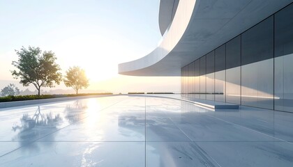 Modern building facade, sunny plaza, trees, and expansive glass