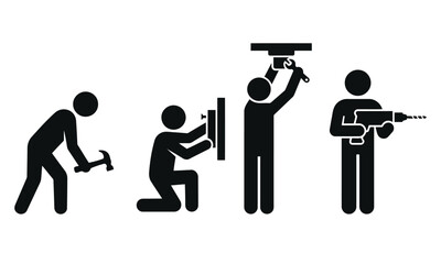 Home repair and installation workers silhouette set &ndash; handyman fixing wall, ceiling and drilling