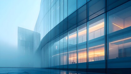 Modern architectural skyscraper partially obscured by morning mist