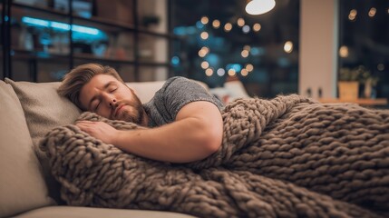 Man lying on couch with chunky knit blanket and ergonomic pillow, relaxing at home. Comfort, rest, leisure, cozy interior, relaxation, casual lifestyle, peaceful moment.
