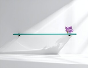 Glass shelf with purple flower, set against stark white wall and shadows
