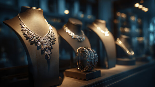 Luxury jewelry display diamond necklace elegant bracelet gemstone accessory shiny metal fashion jewelry luxury store showcase glamour style Luxury