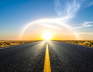 Asphalt road stretches to the horizon with the sun ablaze