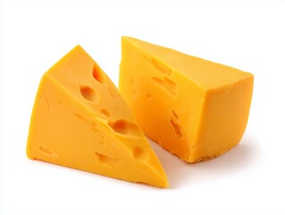 Pieces of tasty yellow cheese isolated on white background. Dairy product, snack food, ingredient, appetizing photography, simple composition, food item, cheddar or gouda.