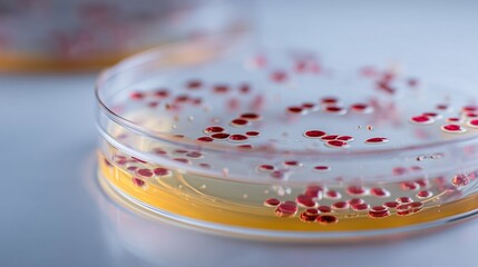 Petri dish filled with photorealistic nutrient gel and reddish bacterial colonies. Science, microbiology, laboratory research, medical experiment, growth culture, detailed macro.