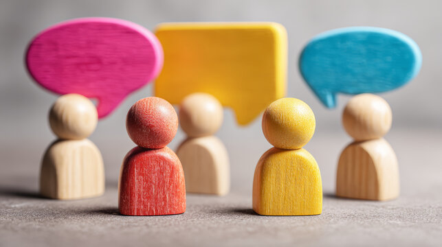 Colorful wooden figure teamwork communication conversation speech bubble social discussion community collaboration group