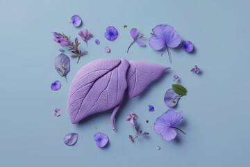 Soft pastel lavender liver with minimal botanical elements. Anatomy art, organ health, gentle design, alternative medicine, wellness concept, creative illustration.