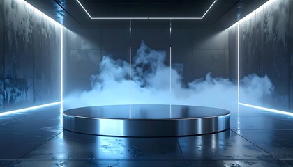 Metallic platform with ambient fog and neon lighting in a moody room