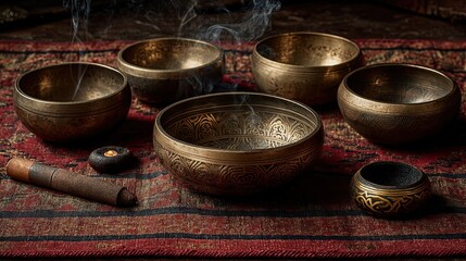 Antique Brass Bowls and Incense Smoke for Holistic Wellness and Meditation