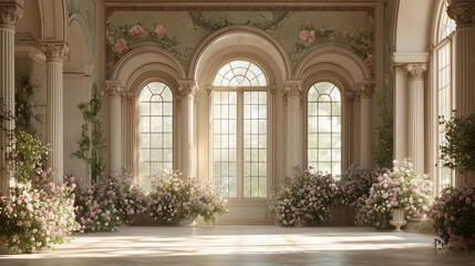 Luxury Palace hall Interior with large windows and walls decorated pink roses and flowers compositions. Wedding background. Classic castle interior
