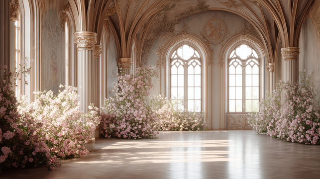 Luxury Interior of a Church or Palace in pastel color with big windows and marble columns decorated pink flowers. Classic castle interior. Wedding background