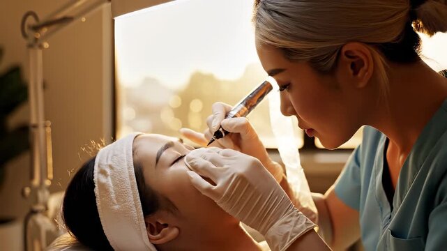 A woman receives a cosmetic treatment while lying on a table, as another woman carefully applies makeup. The scene features the woman and the treatment in a bright and inviting space. (176)