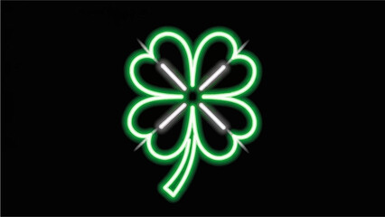 A neon green four-leaf clover with glowing white cross-like elements in the center, set against a dark background, symbolizing luck and modern design.
