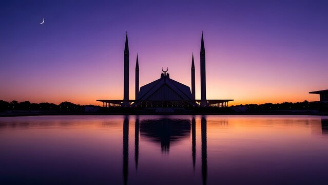 Faisal Mosque at sunset with reflection in water Islamabad Pakistan architecture silhouette crescent moon peaceful serene
