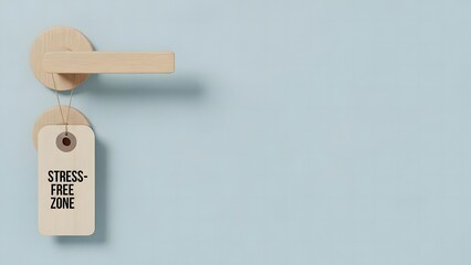 Stress Free Zone Concept with Wooden Door Hanger Sign on Minimal Blue Background